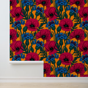 Rote Pfeffer und blaue Kornblumen auf Orange Tapete