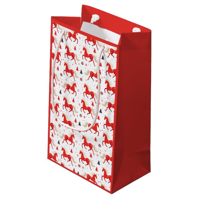 Rote Pferde Design  Kleine Geschenktüte (Rückseite Schrägansicht)