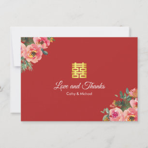Rote Pfingstrosen-Blumen moderne chinesische Hochz Dankeskarte