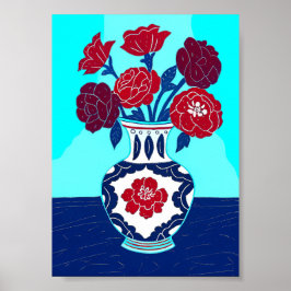 Rote Pfingstrosen im Chinoiserie-Vase im Stil der  Poster