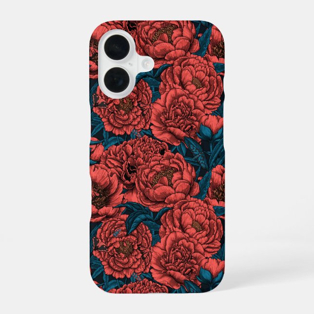 Rote Pfingstrosenblumen und Motten iPhone 16 Hülle (Rückseite)