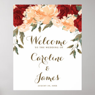 Rote Pfirsich-Blumen-Hochzeits-Empfangs-Schild Poster
