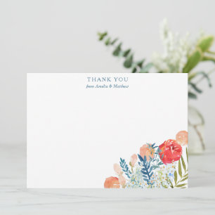 Rote Pfirsichblaue Aquarell-Blumen personalisierte Dankeskarte
