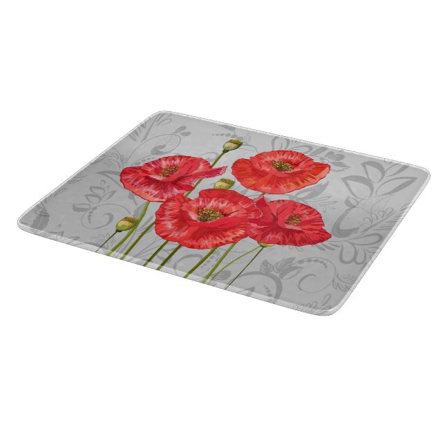 Rote Pflaumen auf Whimsical Gray Floral Schneidebrett (Ecke)