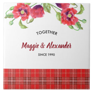 Rote Pflaumen Blumenmuster Tartan Muster Fliese