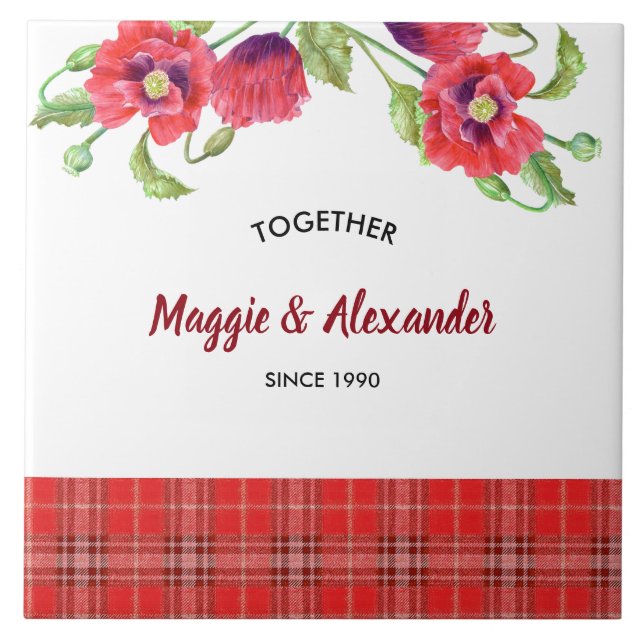 Rote Pflaumen Blumenmuster Tartan Muster Fliese (Vorderseite)