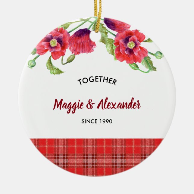 Rote Pflaumen Blumenmuster Tartan Muster Keramik Ornament (Vorne)