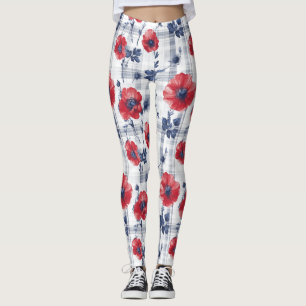 Rote Pflaumen mit blauen Blätter auf blau kariert Leggings
