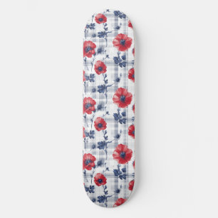 Rote Pflaumen mit blauen Blätter auf blau kariert Skateboard