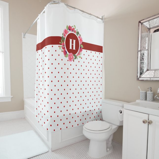 Rote Pflaumen, rosa Rosen, Kraut-Monogramm Duschvorhang (Beispiel)