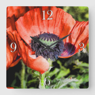 Rote Pflaumen und Stamen Blume Foto Clock Quadratische Wanduhr