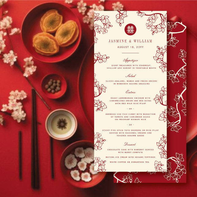 Rote Pflaumenblüten Doppelglücklichkeit Chinesisch Menükarte (Red Plum/Peach Blossoms & Double Happiness Floral Chinese Wedding Menu Card @ fatfatin_red_knot)