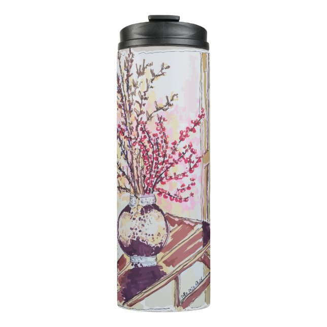 Rote Pflaumenblüten Thermosbecher (Vorderseite)