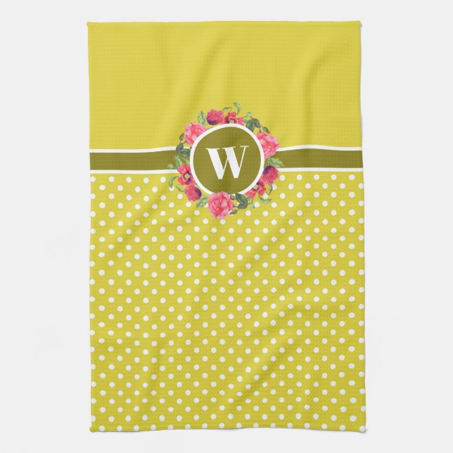 Rote Pfoten, Rosa Rosenblume Monogramm Geschirrtuch (Vertikal)