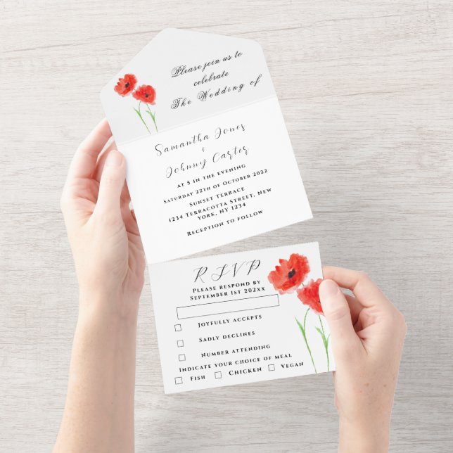 Rote Pfoten Wildblume Wasserfarben Hochzeit der Bl All In One Einladung (Abreißen)