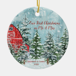 Rote Pinienbäume schneit unser erstes Weihnachtsfe Keramik Ornament