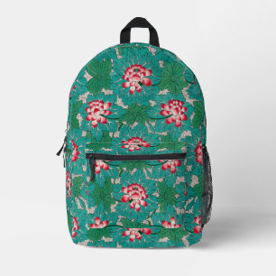 Rote Pink Grüne Teal Chinesische Lotusblumen Muste Bedruckter Rucksack