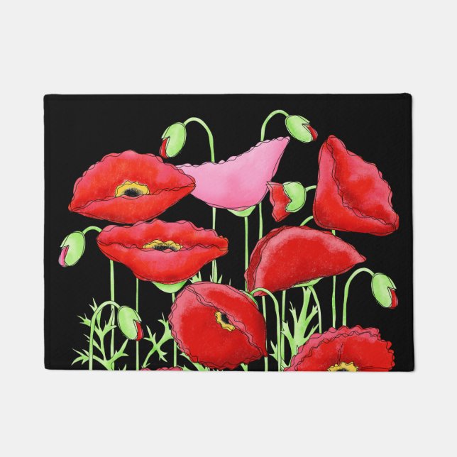 Rote Pink Poppies Art Custom Black Fußmatte (Vorderseite)
