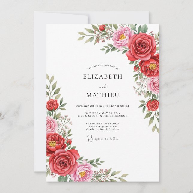 Rote Pinke Blüten Hochzeit Einladung (Vorderseite)