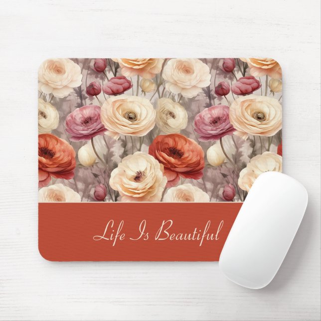 Rote Pinke Creme-Ranunculus-Blumen   Mousepad (Mit Mouse)