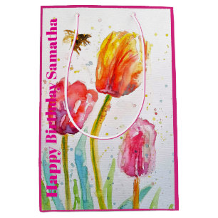 Rote Pinke Tulpen-Blumen-Wasserfarbe Frau Geburtst Mittlere Geschenktüte