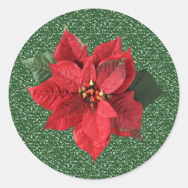 Rote Poinsettia auf grüner Weihnachtsaufkleber Runder Aufkleber (Vorderseite)