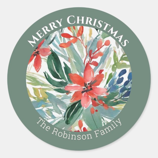 Rote Poinsettia Blume Blätter Elegant Botanisch Runder Aufkleber (Vorderseite)