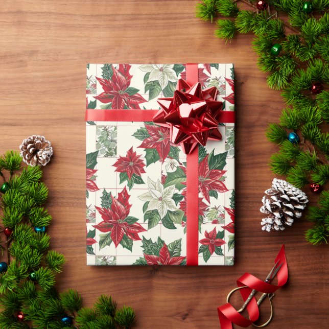 Rote Poinsettia-Blume im Hintergrund Geschenkpapier (Feiertagsgeschenk)