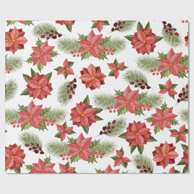 Rote Poinsettia-Blume und Holzoberries Geschenkpapier (Flach)