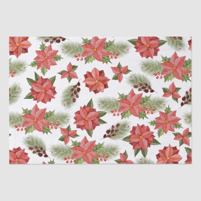 Rote Poinsettia-Blume und Holzoberries Seidenpapier (Vorderseite)