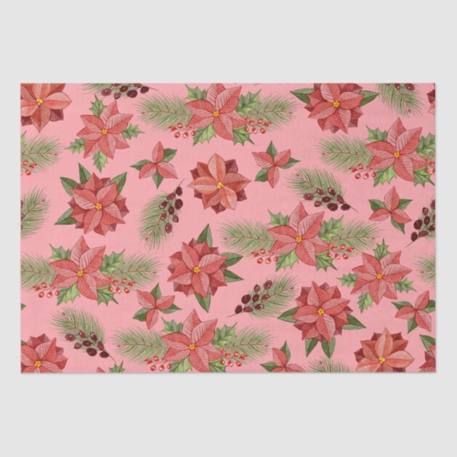 Rote Poinsettia-Blume und Holzoberries Seidenpapier (Vorderseite)