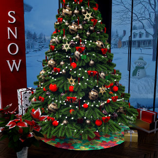 Rote Poinsettia Blumenmuster Polyester Weihnachtsbaumdecke