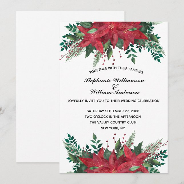 Rote Poinsettia Blumenweihnachtsfeier Einladung (Vorne/Hinten)