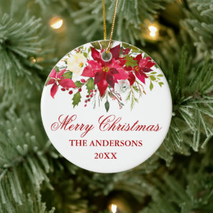 Rote Poinsettia Personalisiert Keramik Ornament