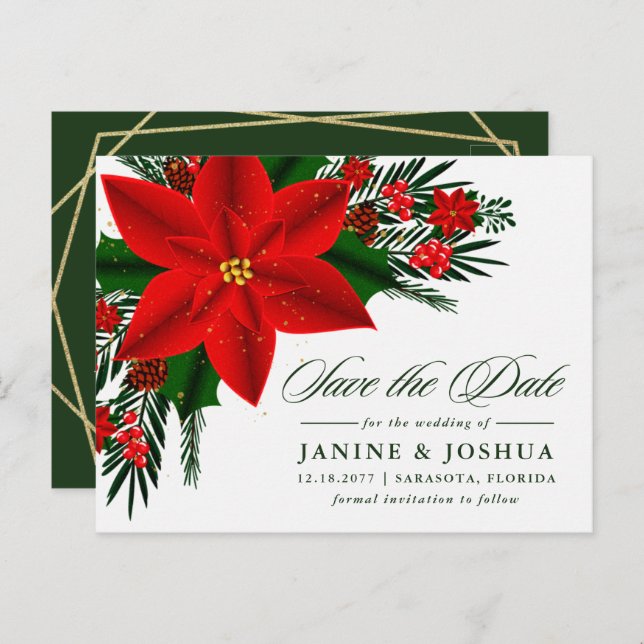 Rote Poinsettia Pine Greenerity Wedding retten das Postkarte (Vorne/Hinten)