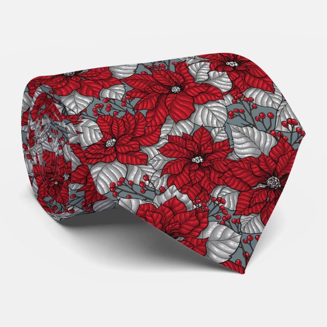 Rote Poinsettia und Beeren, Weihnachtsdesign Krawatte (Gerollt)