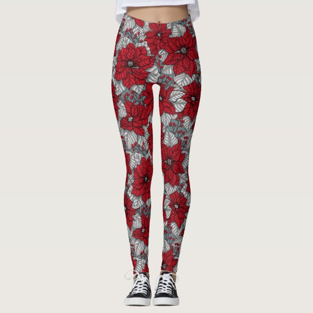 Rote Poinsettia und Beeren, Weihnachtsdesign Leggings (Vorderseite)