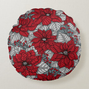 Rote Poinsettia und Beeren, Weihnachtsdesign Rundes Kissen
