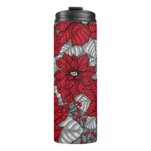 Rote Poinsettia und Beeren, Weihnachtsdesign Thermosbecher