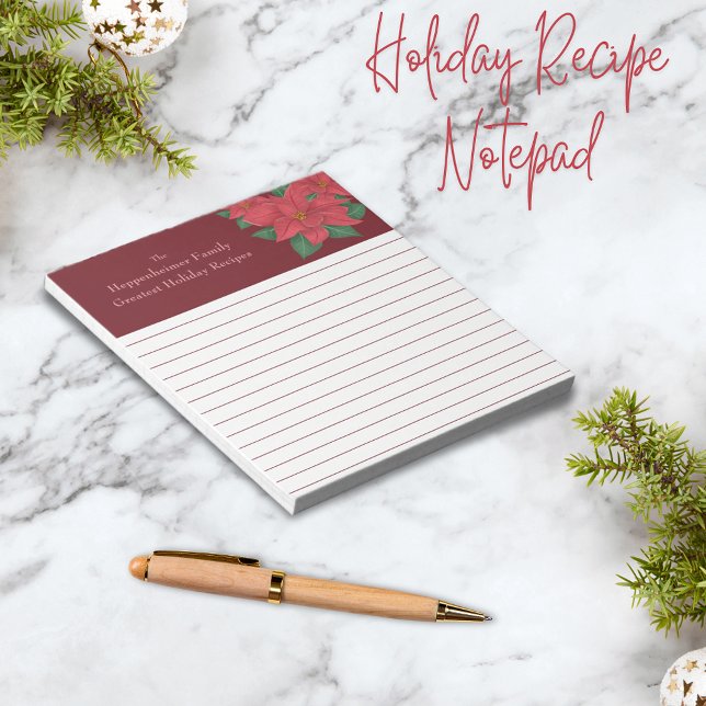 Rote Poinsettias Familie Ferienwohnungen Notizblock (Watercolor Red Poinsettias Family Holiday Recipes Notepad)