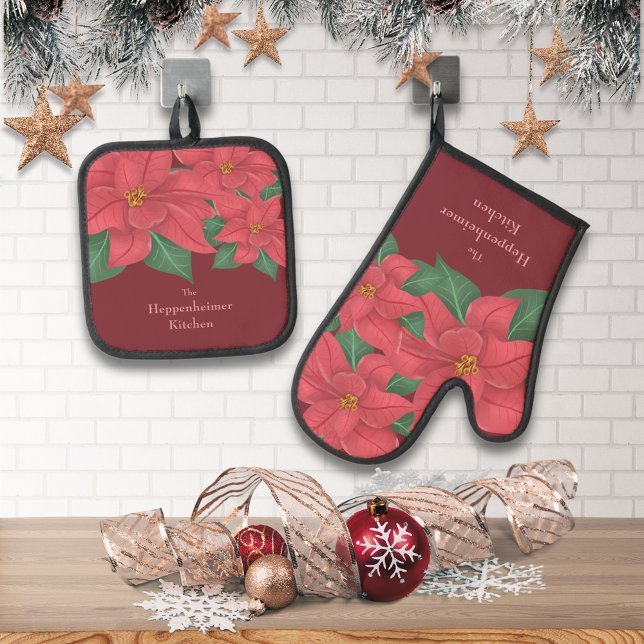Rote Poinsettias Familie Urlaub Ofenhandschuh & Topflappen-Set (Watercolor Red Poinsettias Family Holiday Oven Mitt & Pot Holder Set)