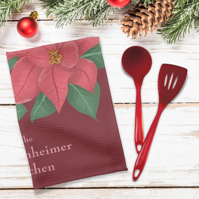 Rote Poinsettias Familienfeierlichkeiten Geschirrtuch (Watercolor Red Poinsettias Family Holiday Decor Kitchen Towel)