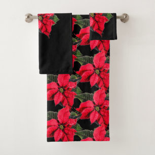 Rote Poinsettie auf schwarzer Weihnachtsblumen-Dek Badhandtuch Set