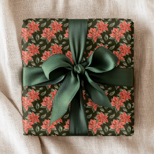 Rote Poinsettie Grüne Weihnachts-Blumenmuster Geschenkpapier