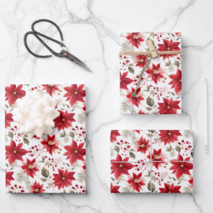 Rote Poinsettie-Weihnachtsblumen Floral Rote Beere Geschenkpapier Set