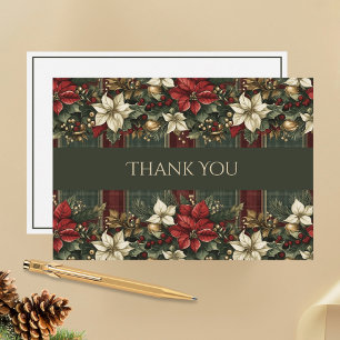 Rote Poinsettien Goldlaub Karo Weihnachten Dankeskarte