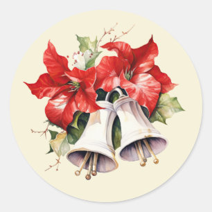 Rote Poinsettien-Grünpflanzen mit Glocken-Briefums Runder Aufkleber