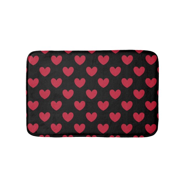 Rote Polka-Herzen auf schwarz Badematte (Vorderseite)