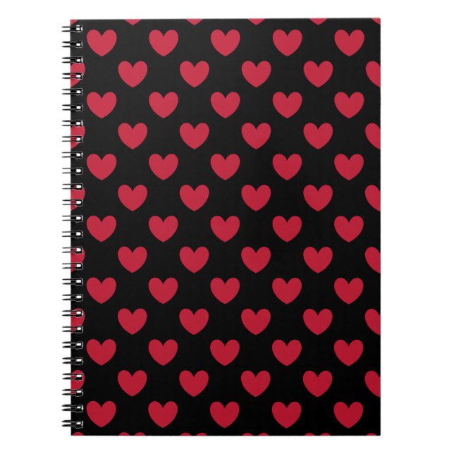 Rote Polka-Herzen auf schwarz Notizblock (Vorderseite)