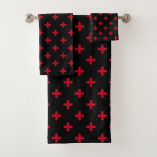 Rote Polka-Kreuze auf schwarz Badhandtuch Set
